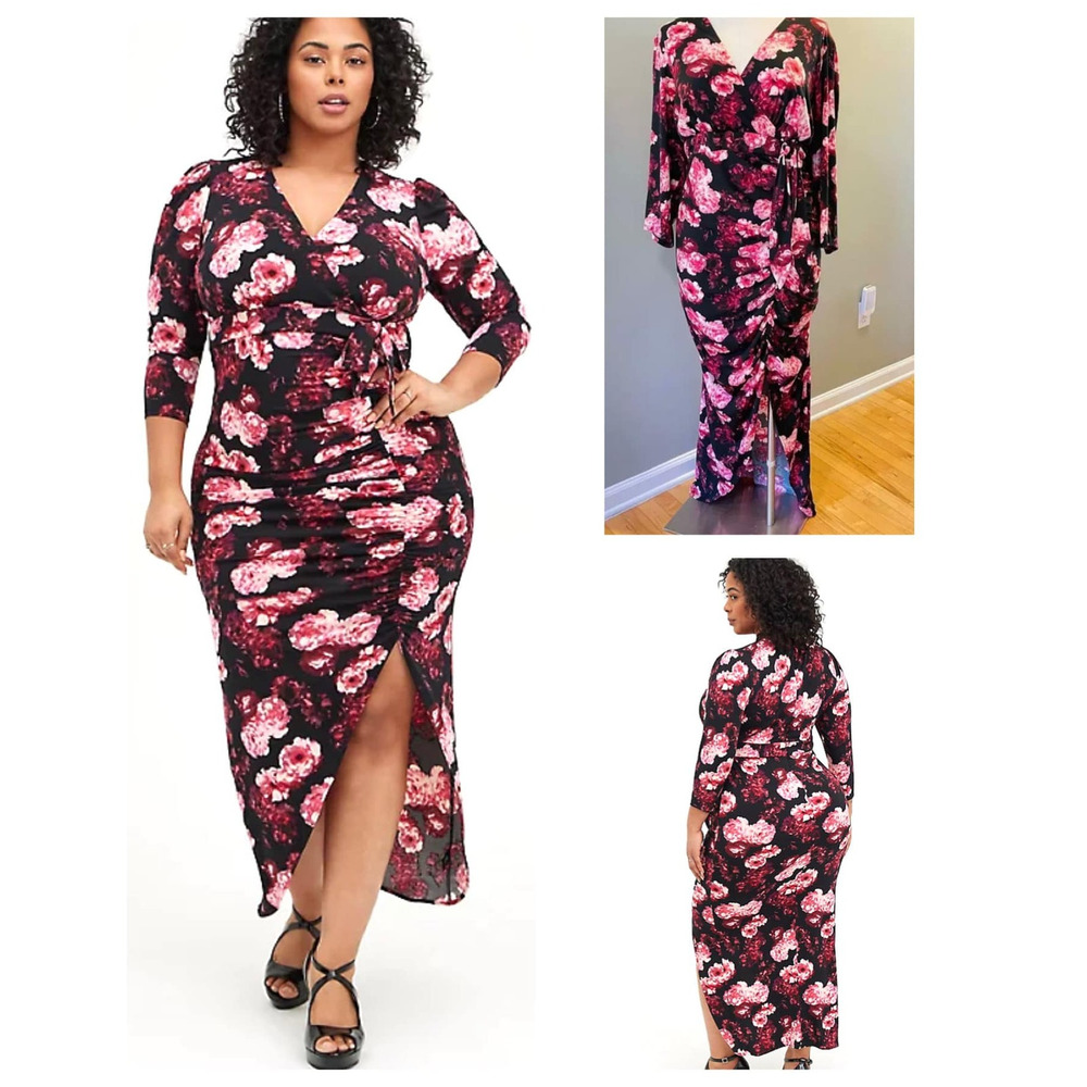 Torrid Size 28 Black/Pink Floral Studio Knit High Slit Front Surplice Maxi Dress
